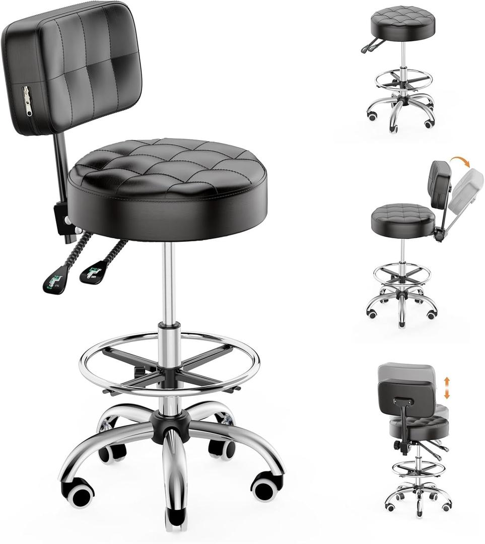 YJHome Rolling Stool, Rolling Stools with Wheels Foot Rest, Backrest Adjustable Height, Heavy Duty 400lbs Weight Capacity, Salon Spa Tattoo Massage Office Swivel Stool Chair (Black)