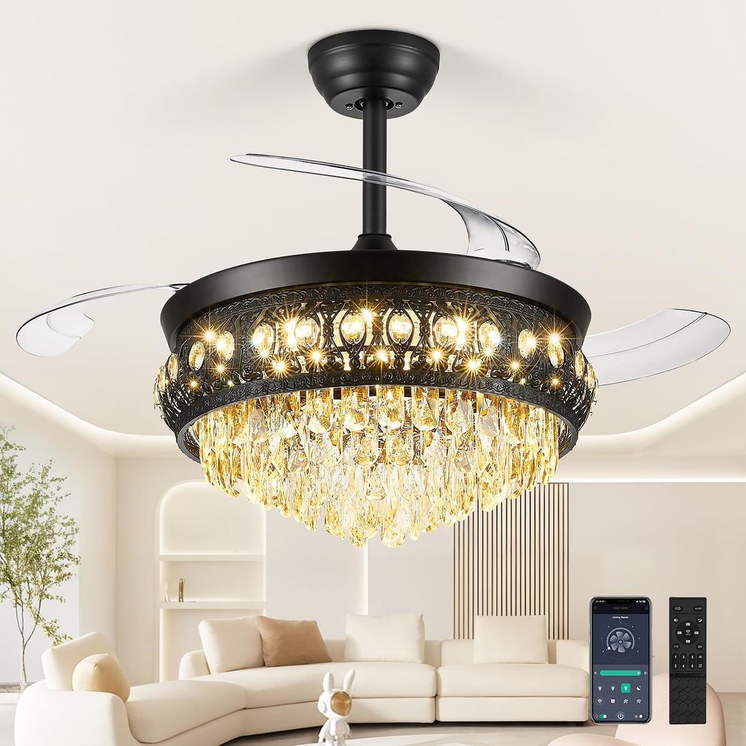 42" Fandelier Ceiling Fan with Light, Crystal Retractable Ceiling Fan with Lights and Remote, Chandelier Fans for Bedroom Living Room, Reversible DC Motor, Dimmable, 6 Speeds - Black
