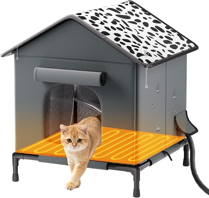 Heated Cat House for Outdoor Cats in Winter, Weatherproof Insulated Outside Cat House with Heating Pad, Warm Home for Barn Feral Stray Indoor/Outdoor Cat with Waterproof Elevated Base