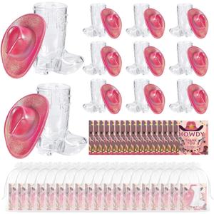 20 Pcs Cowboy Boot Shot Glasses 1oz and 10 Pcs Cowgirl Hat with Cards, Organza Bags and Box for Western Cowboy Cowgirl Theme Party Decorations Favors (Pink)