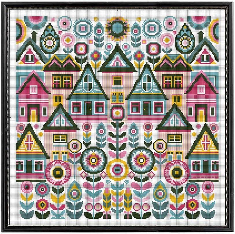 FREEBLOSS 11CT Vector Cottage Stamped Cross Stitch Kits Complete Embroidery Kits with Instruction Cross Stitch Wall Hanging Kit for Needlepoint Adults Wall Art Decoration 18x18in/45x45cm