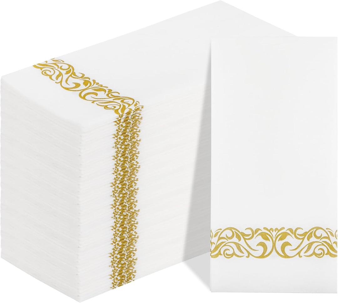 DaYammi 100PCS Gold Napkins Disposable Hand Towels, White and Gold Paper Napkins, Soft and Absorbent Linen Feel Dinner Napkins, Elegant Decorative Paper Hand Towels for Bathroom Wedding Party