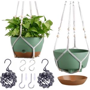 Set of 2-8 Inch Hanging Planters for Indoor Plants with Self-Watering Includes Hanging Pots for Plants, Outdoor Hanging Plant Pot with Drainage, and 2 Types of Hanging Baskets Hangers (Green)