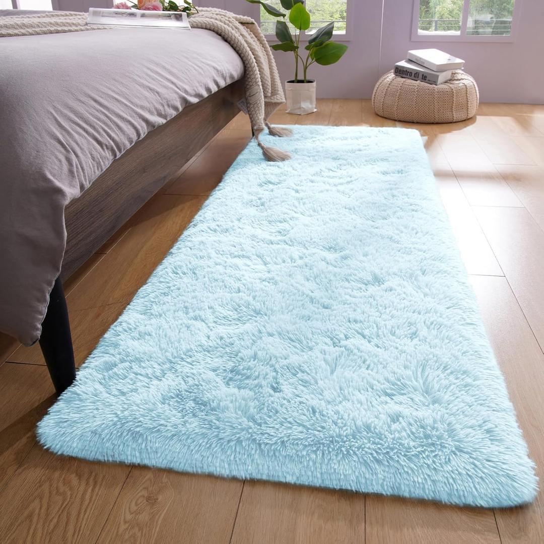 YJ.GWL Runner Rugs for Hallway, 2x4 Washable Small Light Blue Bedside Rugs for Living Room Bedroom, Soft Fluffy Shaggy Indoor Floor Carpet for Kids Boy and Girls Room Nursery Home Decor Aesthetic