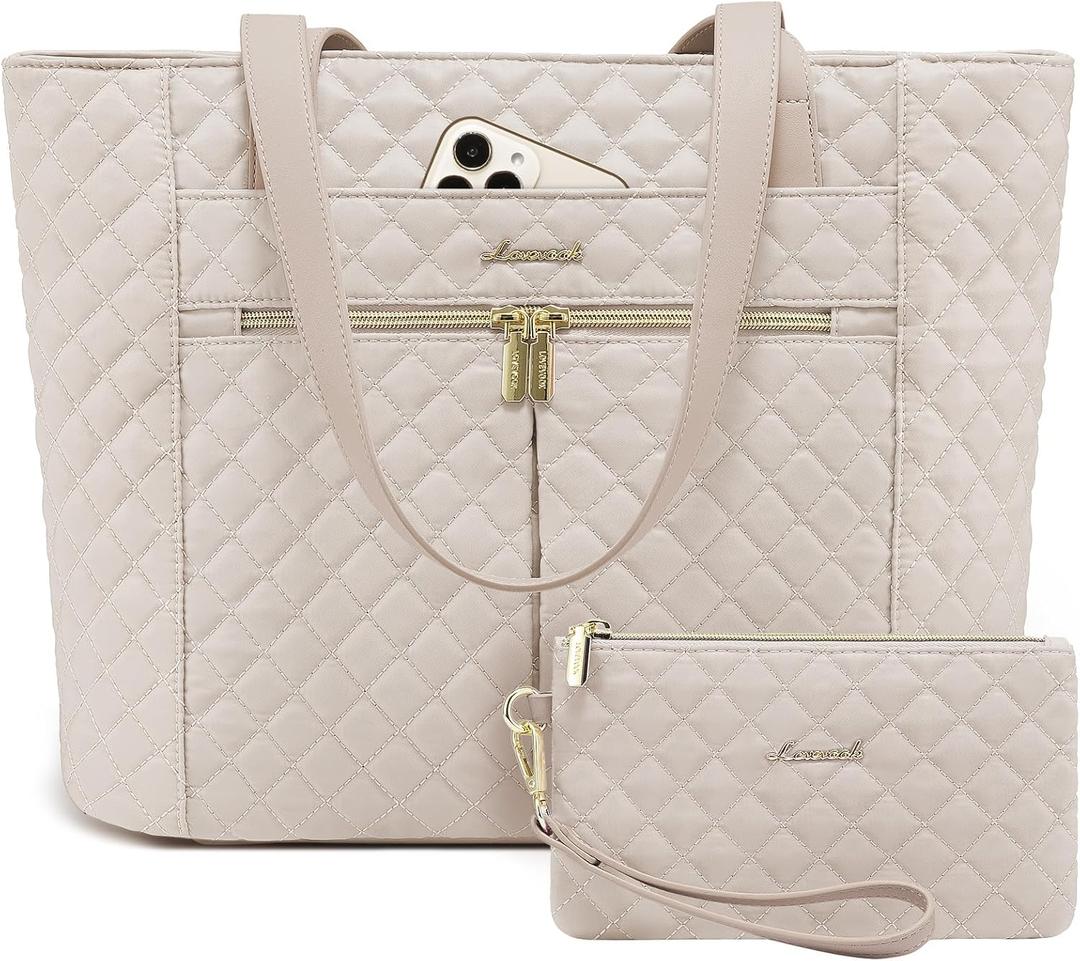 LOVEVOOK Laptop Bag for Women 15.6 inch,Diamond Quilted Work Tote Bags Womens Laptop Computer Shoulder Bags,Stylish Travel Tote Bags Laptop Purse Briefcase Handbag with Clutch Purse,Nude