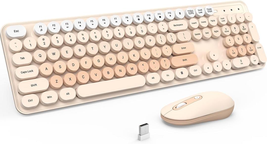 Wireless Keyboard and Mouse, Silent Keyboard Mouse Combo, Full-Sized Colorful Typewriter Keyboard with Round Keycaps, 2.4G Cute Mouse Compatible with PC/Laptop/Computer(Milk Tea)