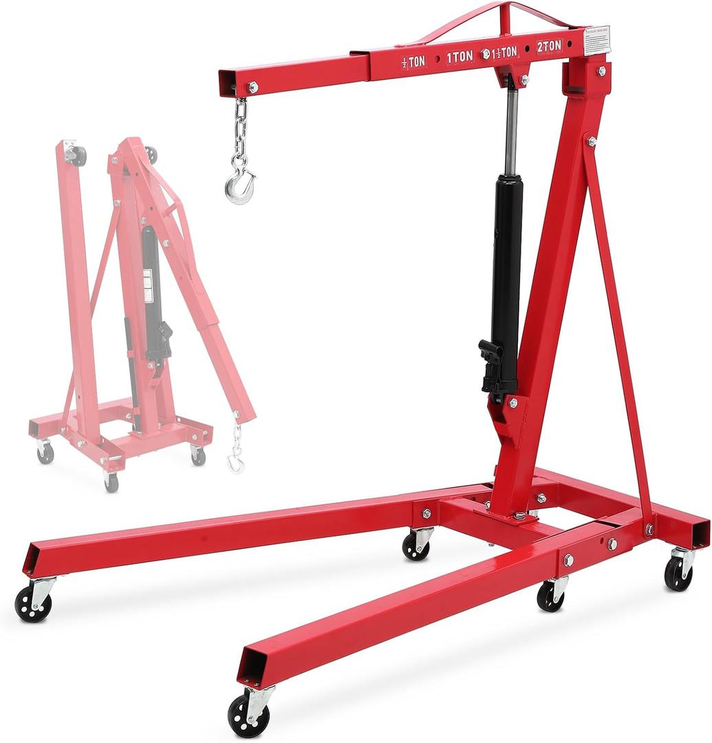 GarveeHome 2 Ton Engine Hoist, Heavy Duty Folding Cherry Picker Hydraulic Shop Crane with Full Kit (Lever/Cylinder/Chain/Leveler) & 6 Casters for Garage, Workshop & Warehouse