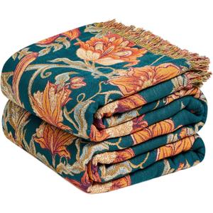 Boho Throw Blanket - 100% Cotton Ultra Soft Muslin Blanket, 60"x80" Lightweight Floral Bird Farmhouse Bedding Summer Blanket for Bed, All Season Blue Bohemian Bedroom Home Decor Quilt