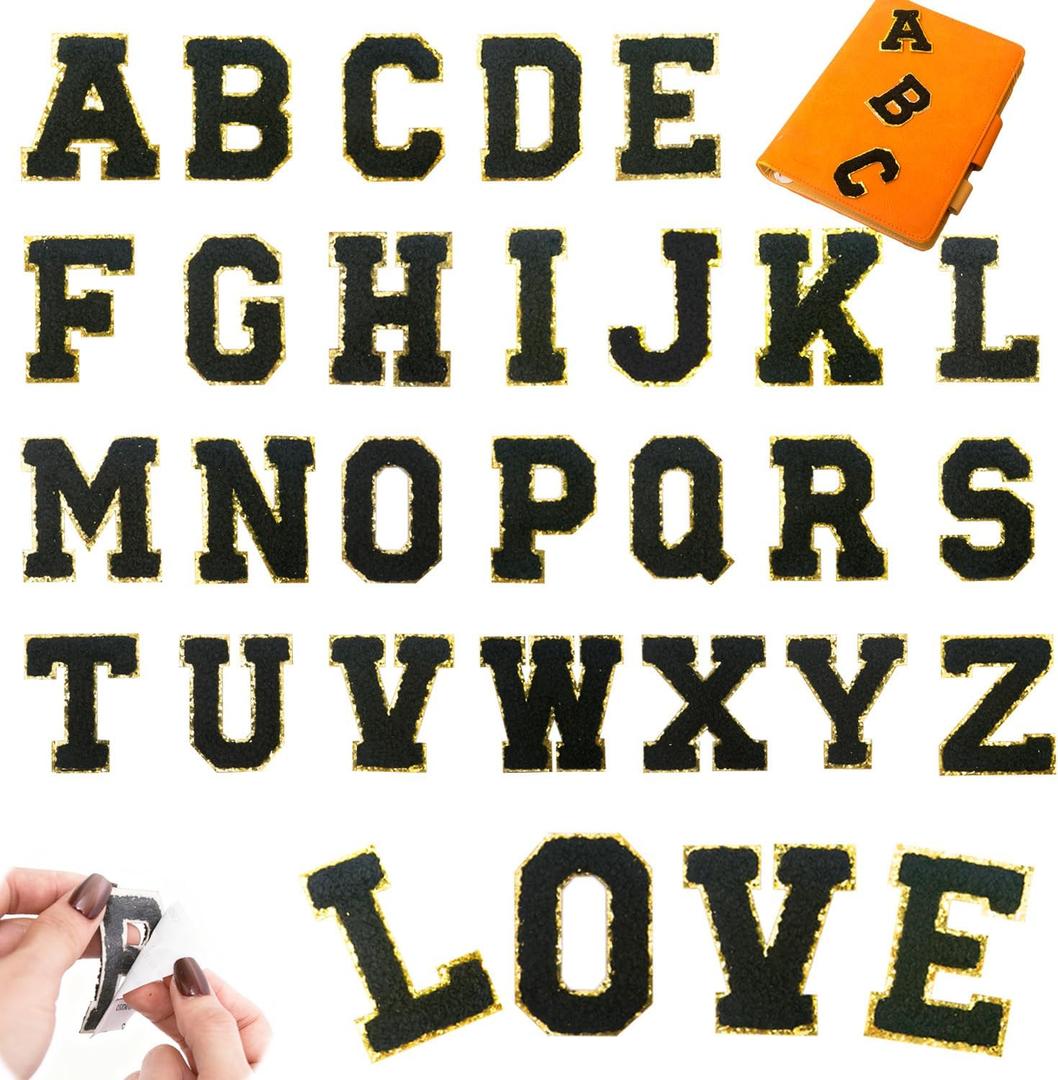 26pcs Black Chenille Letter Patches A–Z – Self-Adhesive Varsity Alphabet Appliques with Gold Trim for Clothing, Bags, Hats & DIY Crafts
