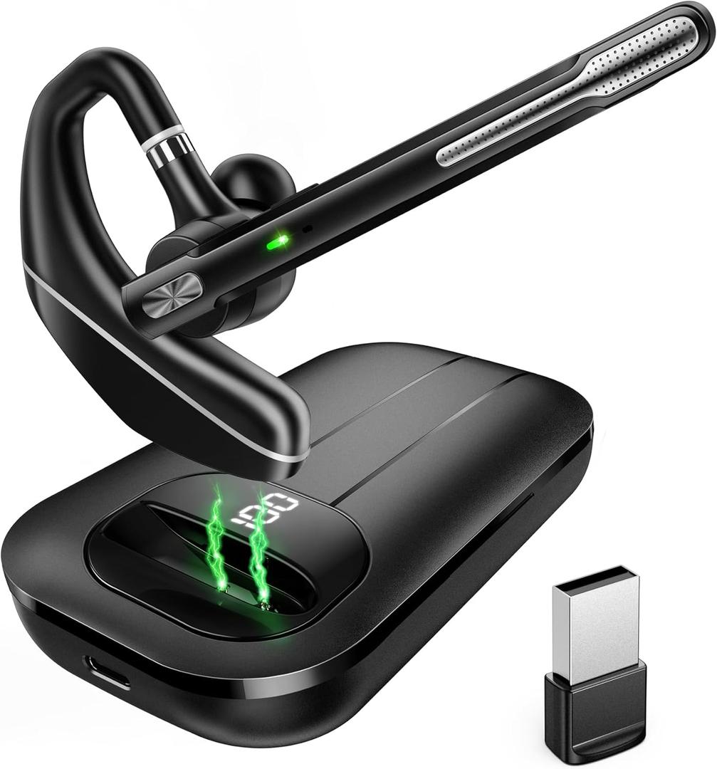 Bluetooth Headset V5.3, Wireless Earpiece with 1000mAh Charging Case, 96H Talktime, Hands Free Noise Canceling Headphones with Dual-Mic for Computer Cell Phones Trucker Home Office Work (Black)