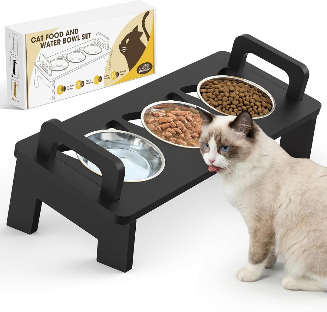 Bamboo Elevated Cat Bowls, 3 Stainless Steel Raised Cat Bowl with Stand, 15Tilted Cat Feeding Station, Cat Food and Water Bowl Set for Small Cats, Anti Vomitting, Whisker Fatigue (Black)