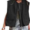Womens Casual Zip Up Cargo Vest Top Oversized Lightweight Ruched Hem Sleeveless Blazer Jackets Vest Tops (Black, M)