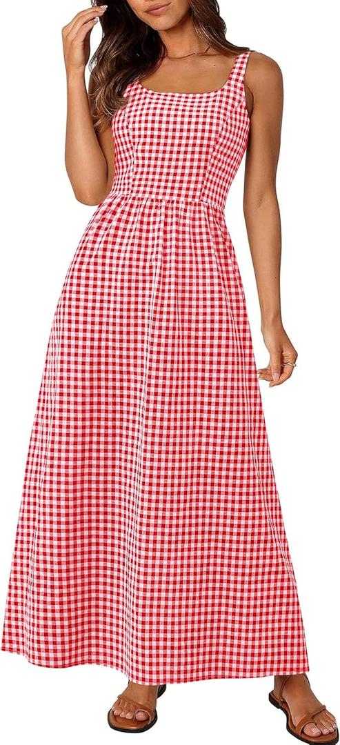 PRETTYGARDEN Women's 2026 Summer Spaghetti Strap Maxi Dresses Plaid Square Neck A Line Casual Beach Vacation Long Sundress (Red, Size Small)