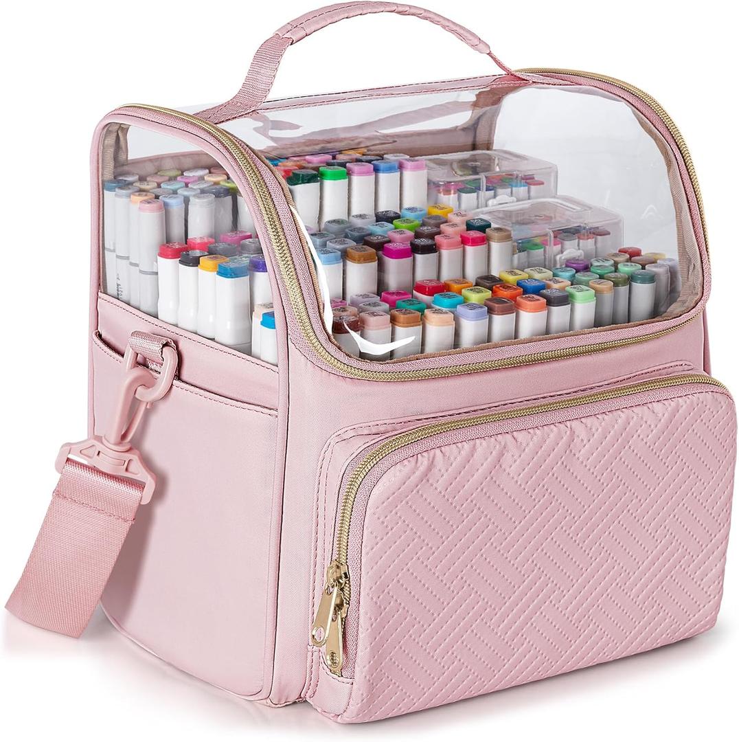 Large Marker Organizer Case for 180 Markers, Marker Storage Bag with Dividers and 4 Pockets for Paint Markers, Paint Brushes, Colored Pencils or Other Art Supplies, Pink (Patented Design)