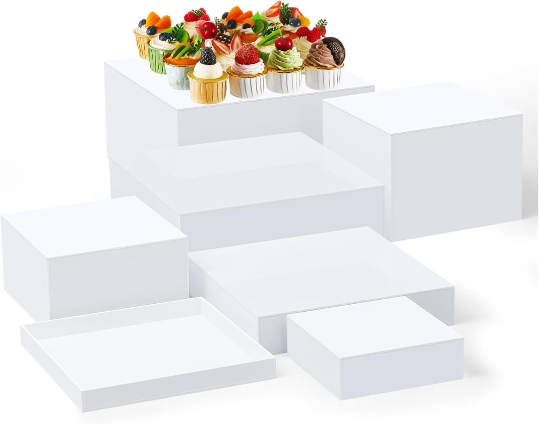 Leinuosen 7 Pcs Buffet Risers Set Acrylic Display Box 6" 7" 8" 9" 10" 11" 12" Food Risers for Buffet Table 5 Sided Display Cube Box with Hollow Bottom Nesting Acrylic Stand for Wedding Party(White)