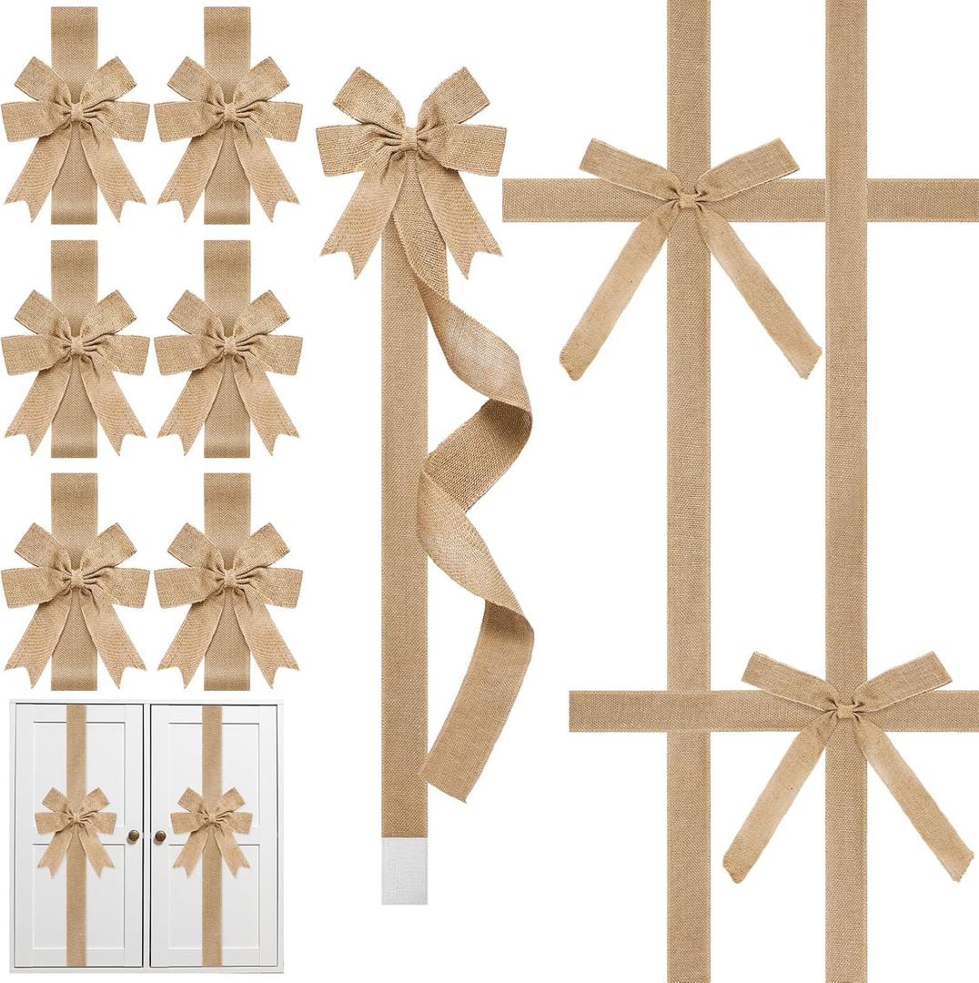 Crowye 14 Pcs Christmas Cabinet Bow for Kitchen Door Ribbon Bow Christmas Wreath Door Bows Festival Wrapping Decorations for Tree Kitchen Fireplace Home Front Party (Light Brown, Linen)