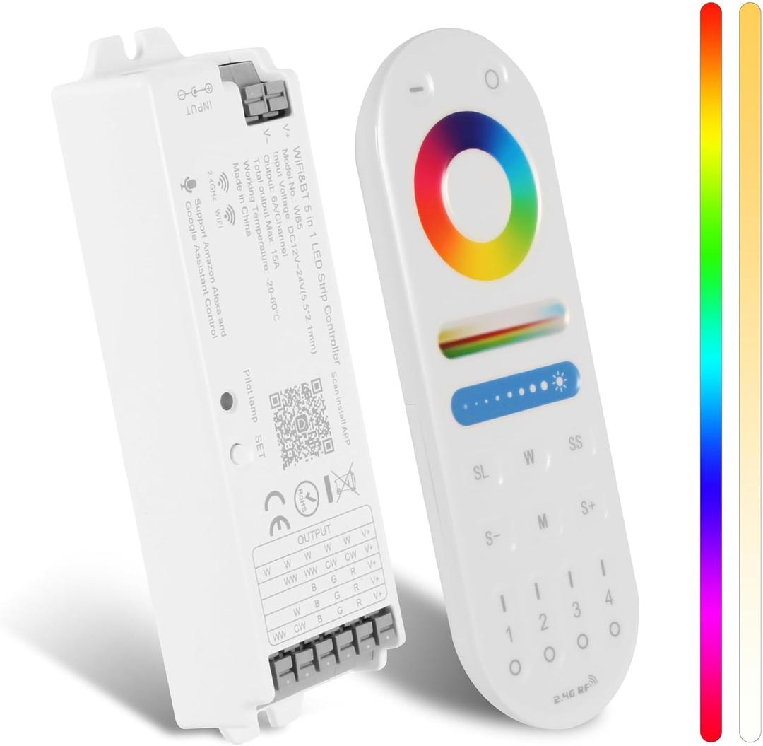 Goldlife WiFi RF Remote Controller Kit, 5in1 DC12-24V C1-1 5Inch LED Controller & C1-2 Remoter for RGB CCT RGBW Boat Pool Light Control, Compatible with Tuya APP/Alexa Echo/Google Assistant Home/Siri