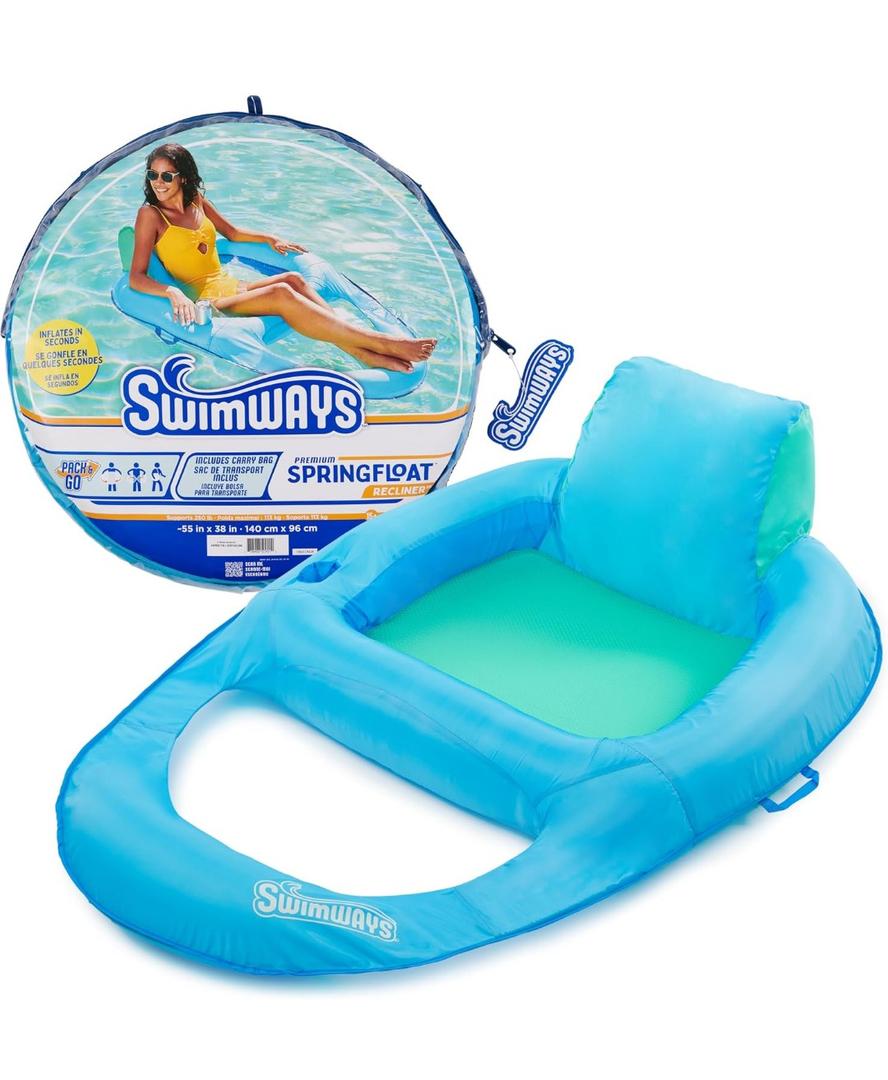 SwimWays Spring Float Premium Recliner Pool Lounger, Inflatable Pool Floats Adult with Fast Inflation for Ages 15 & Up, Sky Blue