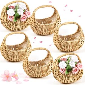Taiyin 6 Pack Rattan Flower Girl Basket Half Moon Straw Wicker Basket with Handle 6.7" x 6.5" x 4.3" Ideal for Wedding Flower Girl, Picnic, Garden Storage and Home Decor (Nature)