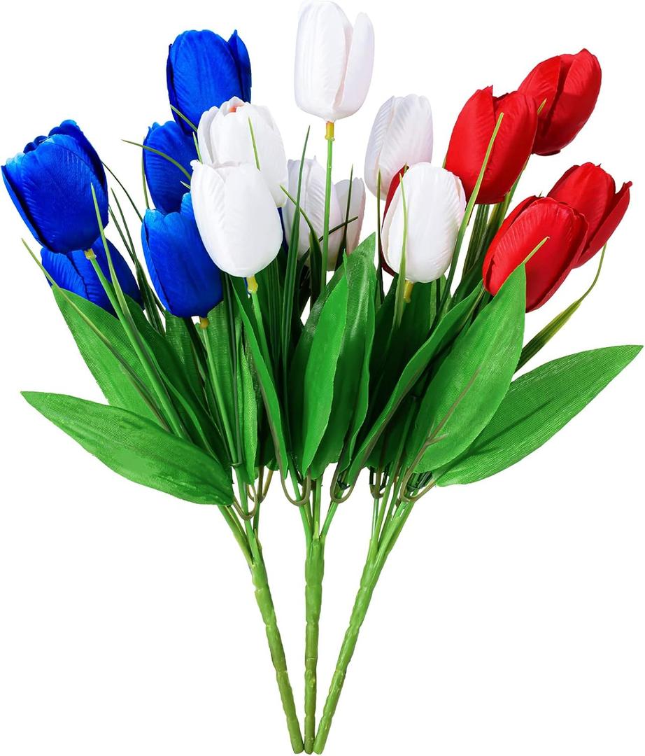 18 Pcs Patriotic Artificial Flower - RED, White, and Blue Artificial Tulips Fourth of July Memorial Day Cemetery Flowers for Grave