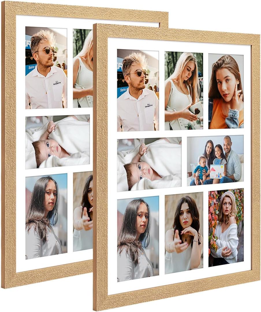 13x17 Collage Frame with 8 Openings 4X6 Pictures, Multiple Picture Frame with Mat, Wall or Tabletop Decor, Natural Wood Grain,2 Pack