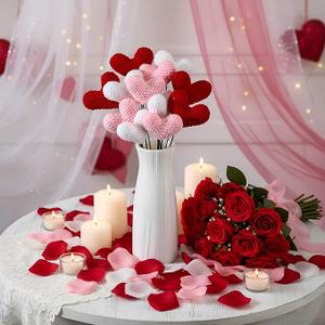 12 Pcs Valentine's Day Hearts Ornaments Crochet Heart Flowers Tree Decorations Galentine Tree Picks Knitted Heart Stems Bouquet Handmade Red Pink White Hearts for Valentine Bowl Vase Filler Gifts