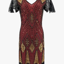 Women’S Sexy V-Neck Blue Sequin Flapper Fringe Mid-Calf Party Dress. Med short