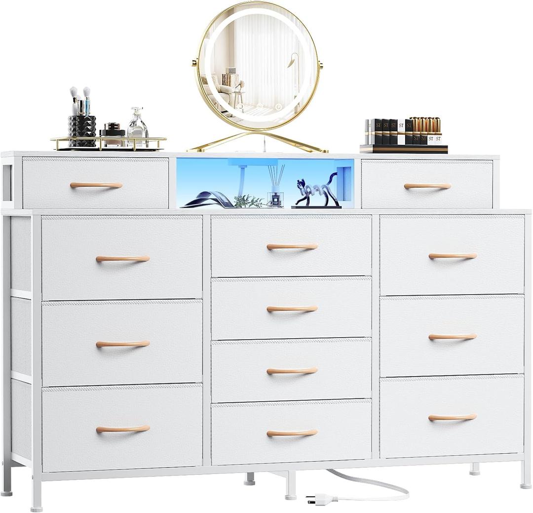 Furnulem White Dresser for Bedroom with LED Lights & Charging Station,55" Long Dressers & Chest of Drawers with 12 Storage Bins, Fabric Furniture for Closet,Hallway,2-Tier Shelf Wood Top,Metal Frame