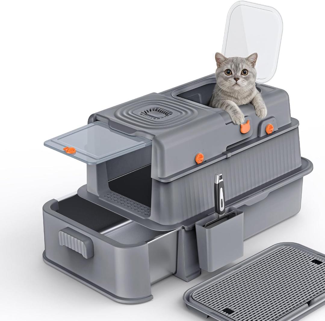 Soulbond Stainless Steel Cat Litter Box with Lid, Enclosed Large Metal Litter Box with Drawer and Flip Door for Big Cats, Top Entry, Odor Control, Easy to Clean (Grey)