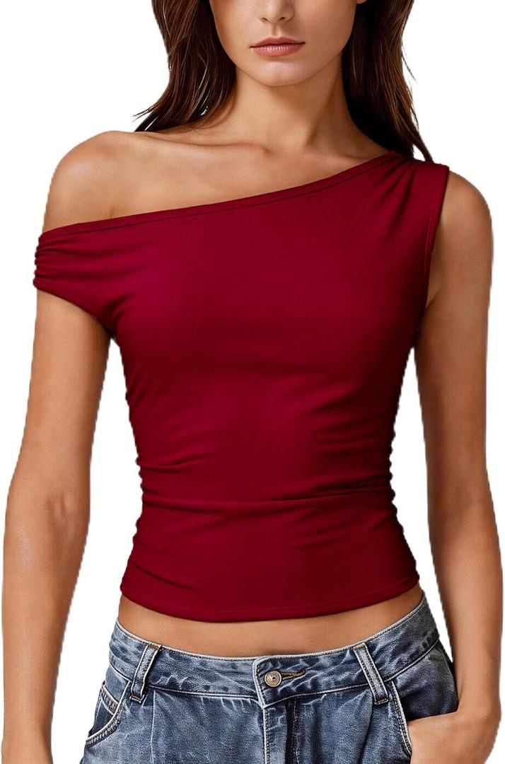 Women Off Shoulder Tops Sleeveless Shirts Y2K Going Out Crop Tank Top Red (Red, M)