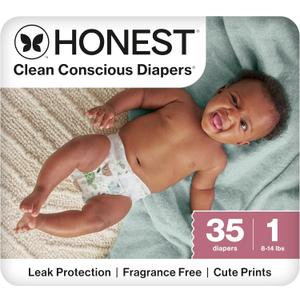 The Honest Company Clean Conscious Diapers for Sensitive Skin, Up to 100% Leakproof, Hypoallergenic, Fragrance Free, Turtle Time, Polybag, Size 1 (8-14 lbs), 35 Count