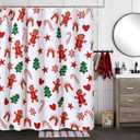 Estmy Cute Gingerbread Man Christmas Fabric Shower Curtain Sets, Xmas Tree Gingerbread House Candy Cane Holiday Festive Christmas Bathroom Shower Curtains Retro Aesthetic Xmas Bathroom Decoration
