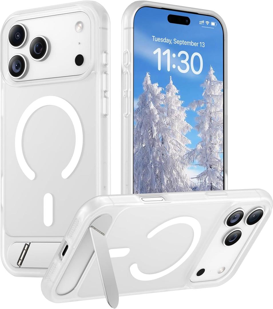 Temdan Designed for iPhone 17 Pro Case, [Built-in Invisible Kickstand][Compatible with MagSafe][Military Grade Shockproof] Slim Translucent Matte Phone Case 6.3 inch (Clear Matte)