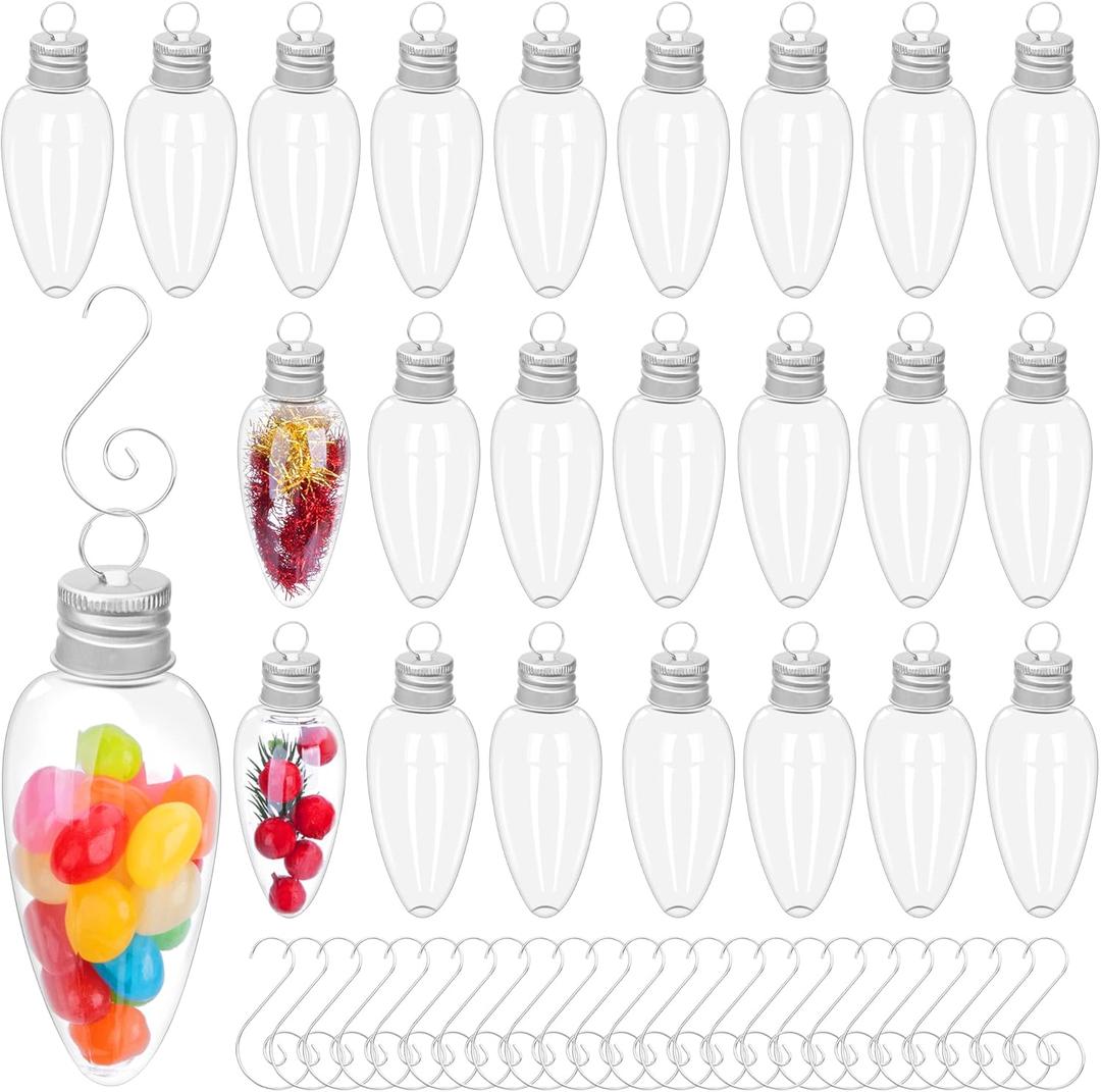 Watayo 24 PCS Christmas Booze Balls, Fillable Booze Tree Ornaments with S Hook, Light Bulb Ornaments for Crafts, Clear Plastic Xmas Decoration Boozes Ball for Xmas Home Party Decor