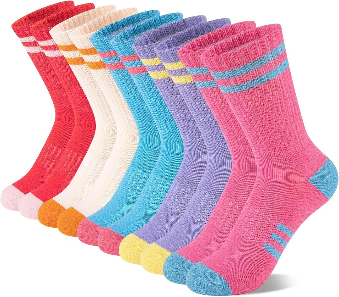 Comfoex 10 Pairs Girls Crew Long Athletic Socks for 4-6 6-8 8-10 Years Old Kids Calf Sports Cotton Socks Half Cushione, Medium, 12-5(age: 7-10)