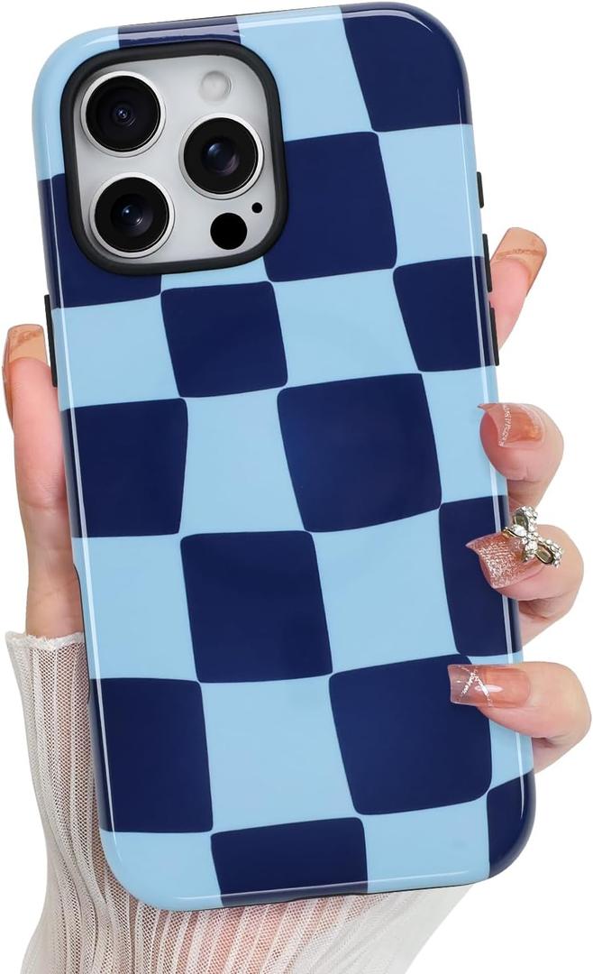 KANGHAR Compatible with iPhone 16 Pro Max Case, Aesthetic Checkered Cute Pattern, Support for MagSafe Shockproof Cover for Girls Women -Blue