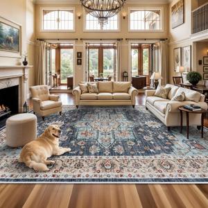 TOPRUUG Washable Oriental Area Rug - 12x18 Rugs for Living Room Soft Carpet for Bedroom Waterproof Floral Distressed Indoor Stain Resistant Non-Shedding Floor Carpets (Blue/Teal/Orange, 12x18)