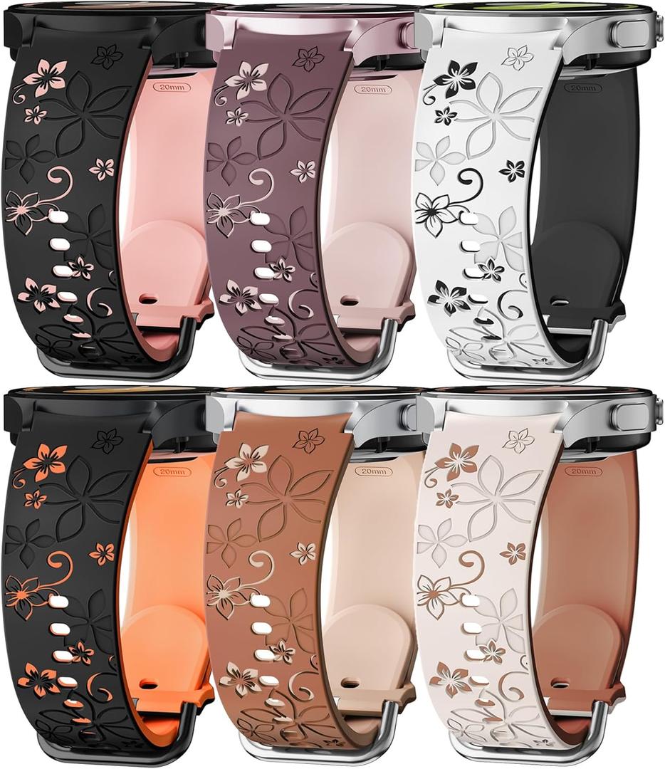 Flower Engraved Band for Samsung Galaxy Watch 7/6/5/4/FE 40mm 44mm/Galaxy Watch 6/4 classic Bands 47mm 43mm 46mm 42mm/Watch 5 pro 45mm Women,No Gap Silicone Cute Floral Strap Wristband Two-Tone Correa