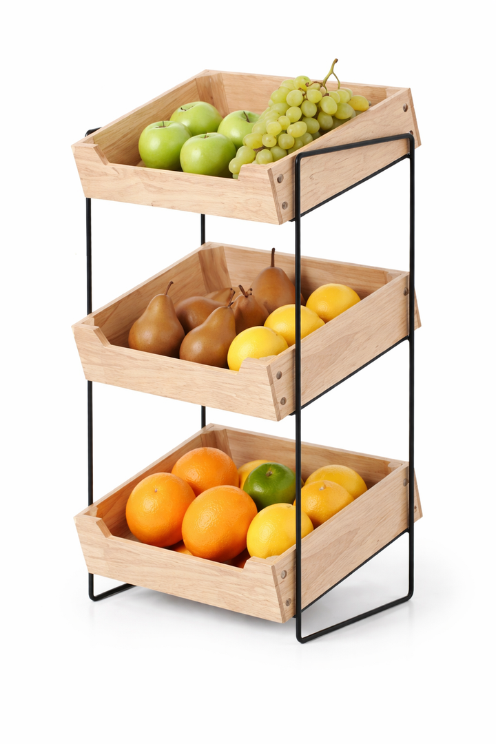 LIBKEN 3Tier Wooden Fruit Basket – Rubberwood Countertop Produce Storage with Metal Frame – Minimal Scandinavian Design Fruit Stand for Kitchen Counter, Space-Saving Tiered Basket Organizer