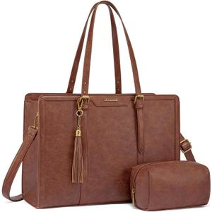 LOVEVOOK Laptop Tote Bag for Women,15.6 Inch Vintage Work Bag with Clutch,Large Leather Laptop Purse with Cup Holder for Teacher,Office (Brown)