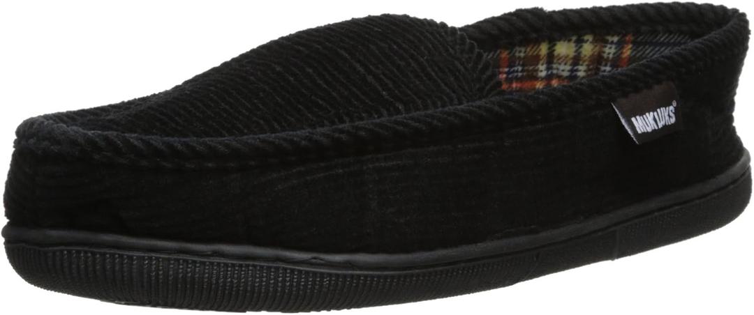 Muk LUKS Men's Corduroy Moccasin with Flannel Lining (Large, Black)