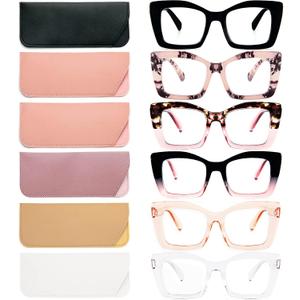 REAVEE 6 Pack Oversized Square Reading Glasses for Women, Blue Light Blocking Large Frame Computer Designer Fashion Readers Spring Hinge with Leather Case, 1.5