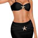 Women Sexy 3 Piece Starfish Strapless Swimsuit, High Cut Thong String Bandeau Bikini Set, Skirt Cover Up Bathing Suit (Small, Shiny Black)