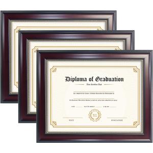 GraduatePro 11x14 Diploma Frame Display 8.5x11 Document Certificate, Professional Wooden Look with Black Over Gold Double Mat, Real Glass (Mahogany With Gold Beads, 8.5x11/Pack of 3)