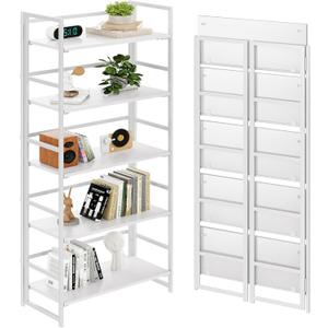 BHG Vintage Multifunctional Folding Bookshelf, No-Assembly Plant Stand Storage Rack Shelves for Home Office (All White, 5-Tier)