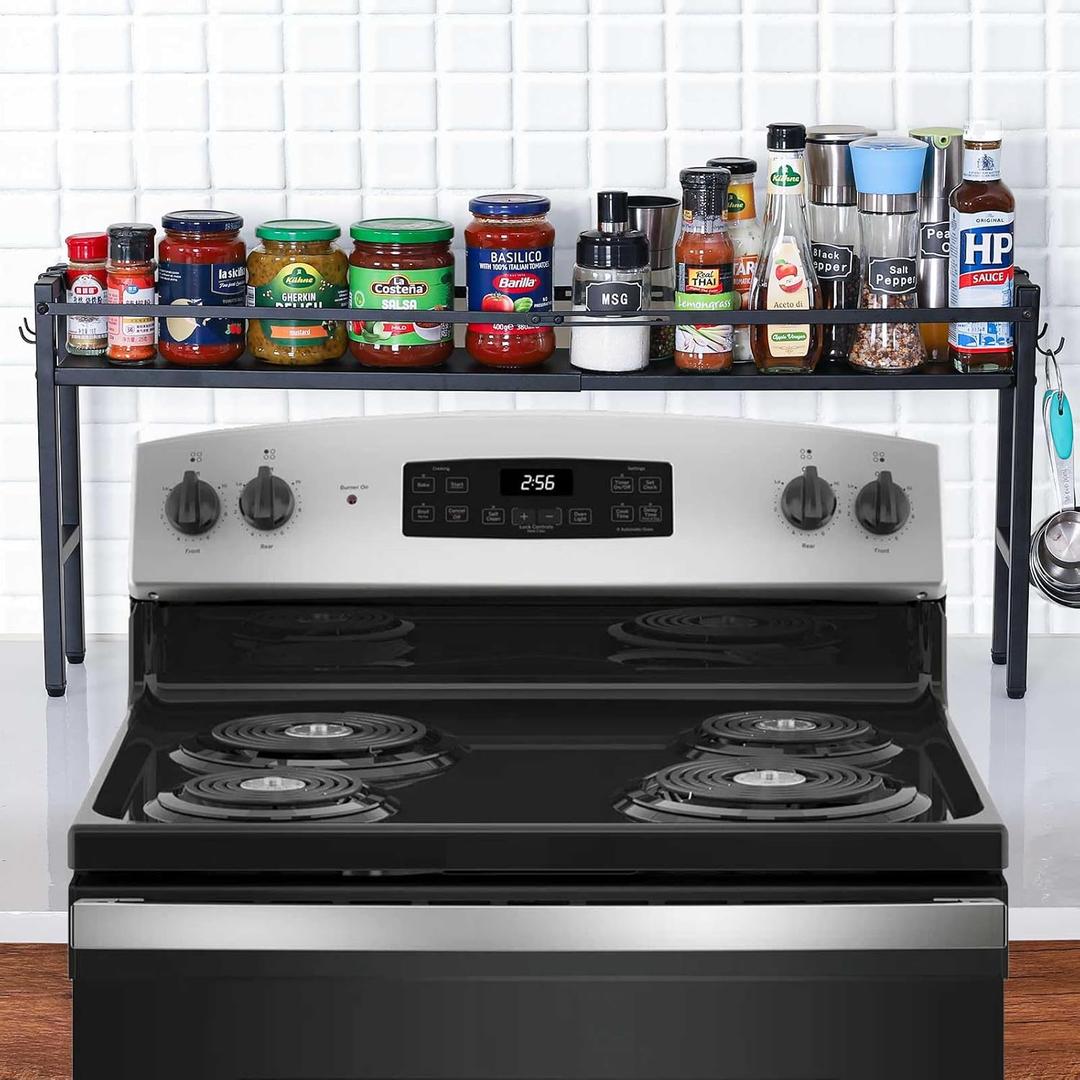 Stove Top Shelf, Extendable Spice Rack for Kitchen - Adjustable Over-the-Stove Shelf with 4 Hooks, Seasoning Organizer Countertop, Extra Space Saver (Black)