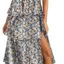 Wenrine Womens Summer Floral Maxi Dress Tie Strap Sleeveless V Neck High Slit Boho Ruffle Tiered Beach Dresses, L