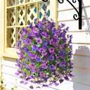 Artificial Flowers Hanging Baskets, 4 Bundles Outdoor Hanging Basket Spring Summer Decoration, No Fade Realistic Fake Flowers Plants for Porch Patio Balcony Home Yard Decor(Double Purple)