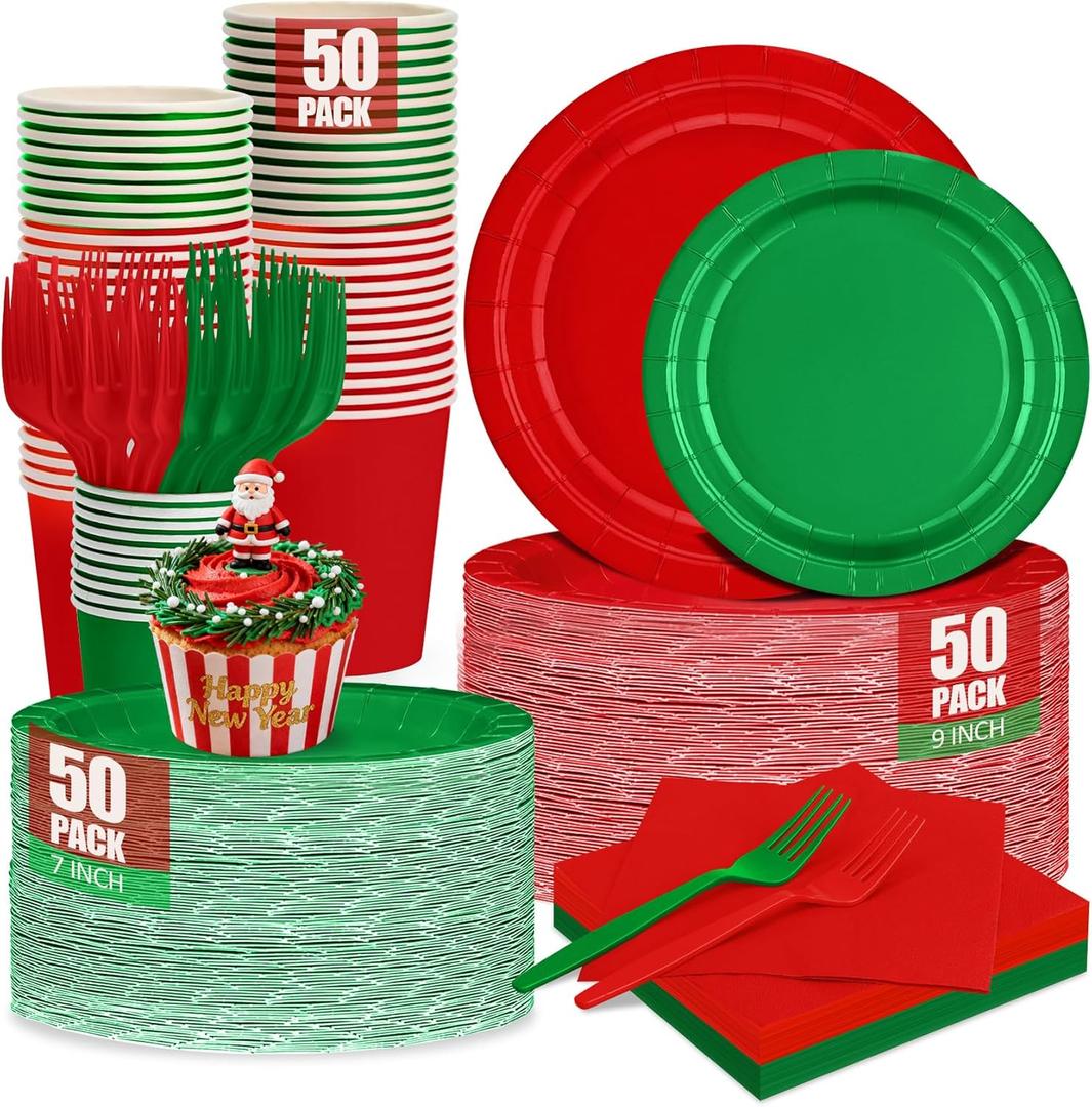 Red and Green Christmas Paper Plates and Napkins Party Supplies, Include 9 Disposable Red Paper Plate, 7 Dessert Green Plates and Cups and Napkins Forks Set for Christmas, Serves 50
