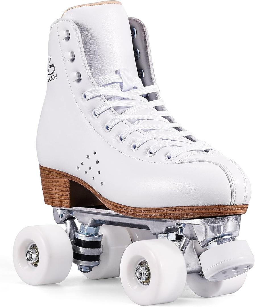 PAPAISON Roller Skates for Women and Men, Deluxe 2 Layer Microfiber Leather Double Row-Classic Roller Skates for Girls, Professional Outdoor Indoor Quad-Skates for Kids & Adults (EU 40 -US Women 8 -US Men 7, White)
